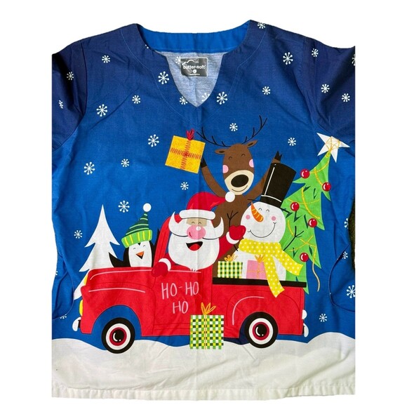 Butter Soft Stretch Christmas Scrub Top Santa Red Truck Snowman Penguin Size Lg - Picture 5 of 9